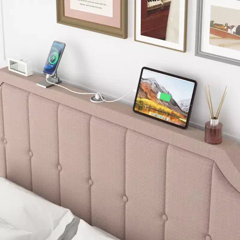 Struttura Letto Queen/Full con Cassetti Contenitori e Porte di Ricarica, Base Letto Imbottita con Testiera Regolabile, Beige