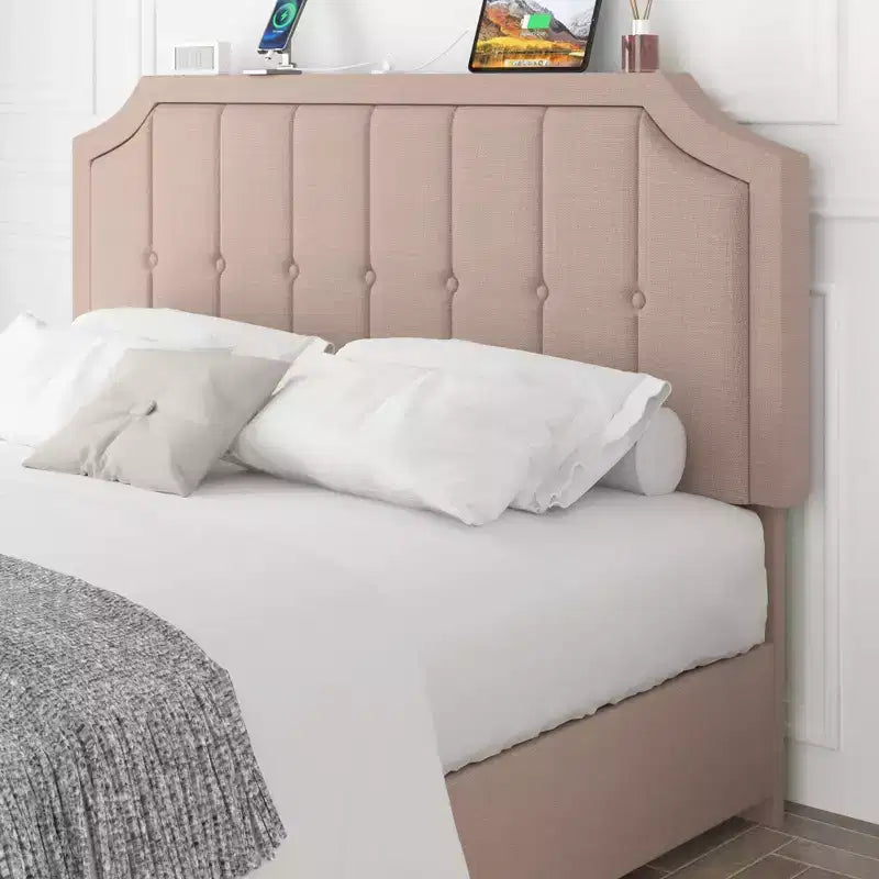 Struttura Letto Queen/Full con Cassetti Contenitori e Porte di Ricarica, Base Letto Imbottita con Testiera Regolabile, Beige