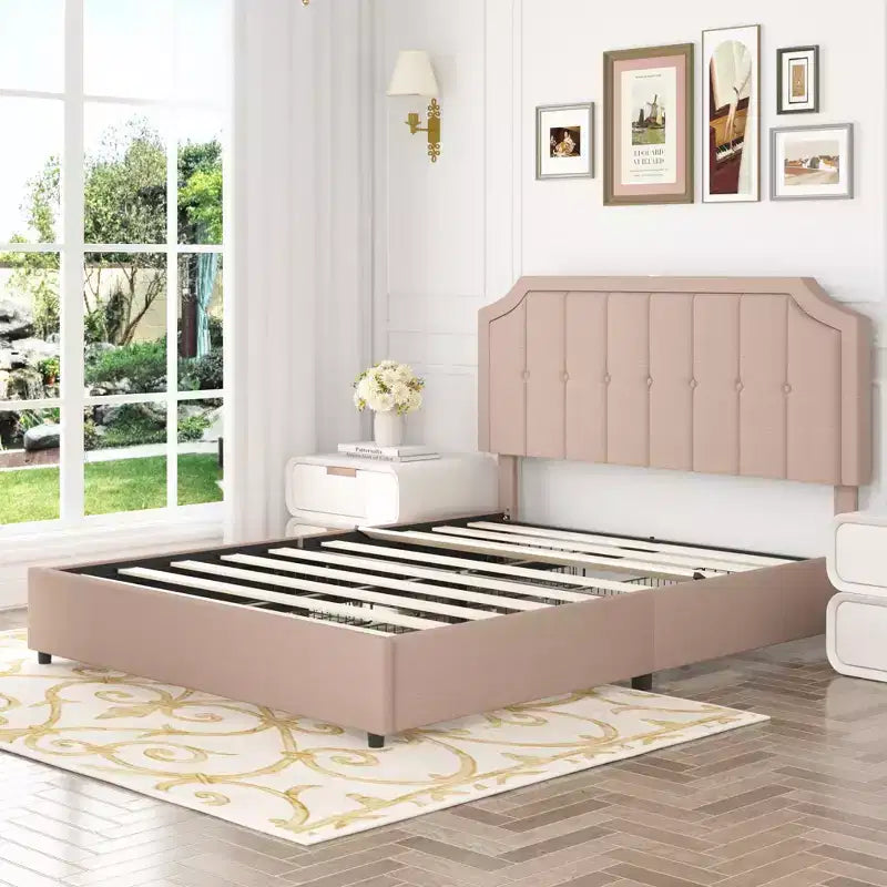 Struttura Letto Queen/Full con Cassetti Contenitori e Porte di Ricarica, Base Letto Imbottita con Testiera Regolabile, Beige