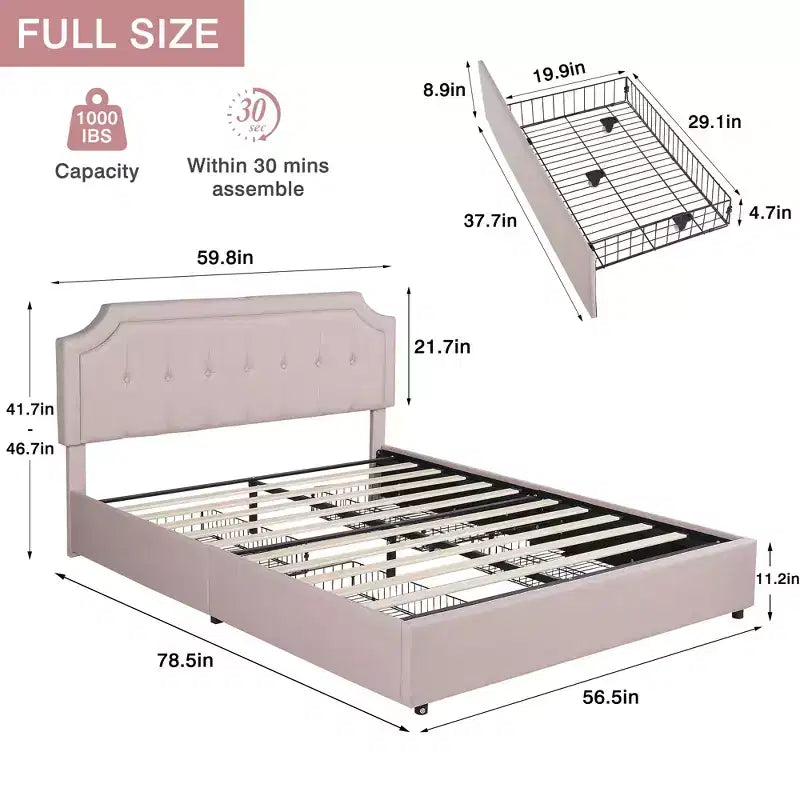 Struttura Letto Queen/Full con Cassetti Contenitori e Porte di Ricarica, Base Letto Imbottita con Testiera Regolabile, Beige