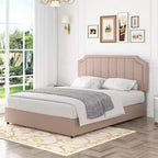 Struttura Letto Queen/Full con Cassetti Contenitori e Porte di Ricarica, Base Letto Imbottita con Testiera Regolabile, Beige