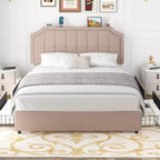Struttura Letto Queen/Full con Cassetti Contenitori e Porte di Ricarica, Base Letto Imbottita con Testiera Regolabile, Beige