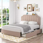 Struttura Letto Queen/Full con Cassetti Contenitori e Porte di Ricarica, Base Letto Imbottita con Testiera Regolabile, Beige