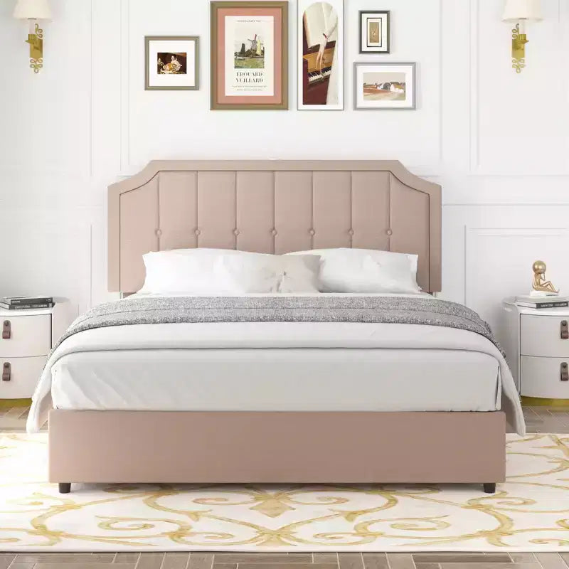 Struttura Letto Queen/Full con Cassetti Contenitori e Porte di Ricarica, Base Letto Imbottita con Testiera Regolabile, Beige