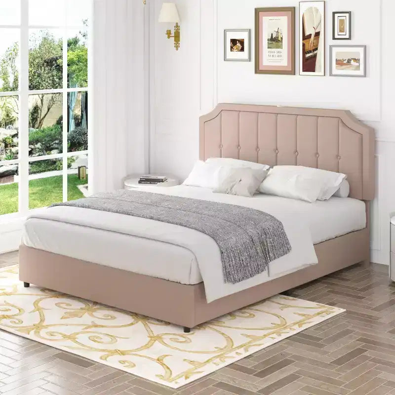 Struttura Letto Queen/Full con Cassetti Contenitori e Porte di Ricarica, Base Letto Imbottita con Testiera Regolabile, Beige