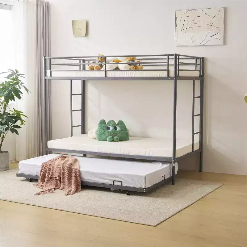 Letto a Castello Nero con Letto Estraibile, Struttura in Metallo Resistente con Sponde di Sicurezza e Scalette Laterali