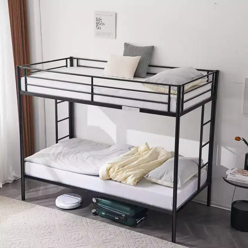 Letto a Castello Nero con Letto Estraibile, Struttura in Metallo Resistente con Sponde di Sicurezza e Scalette Laterali