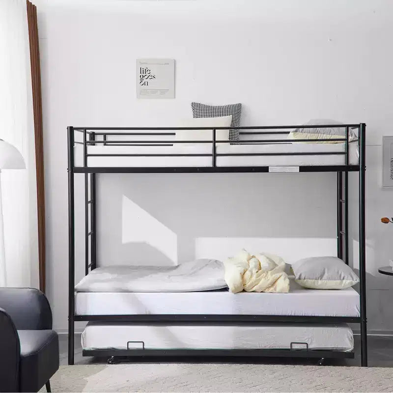 Letto a Castello Nero con Letto Estraibile, Struttura in Metallo Resistente con Sponde di Sicurezza e Scalette Laterali