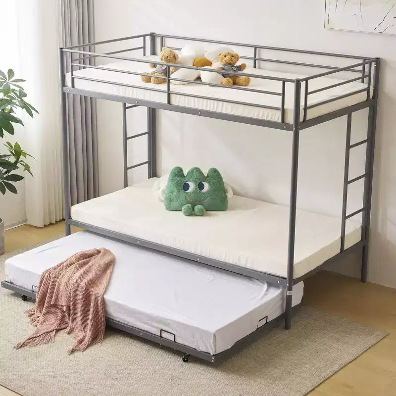 Letto a Castello Nero con Letto Estraibile, Struttura in Metallo Resistente con Sponde di Sicurezza e Scalette Laterali