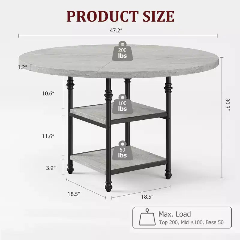 Tavolo da Pranzo Rotondo da 47 Pollici per 6 Persone, Tavolo da Cucina in Legno con Ripiani e Gambe in Metallo con Dettagli Romani per Sala da Pranzo, Cucina, Salotto (Solo Tavolo)