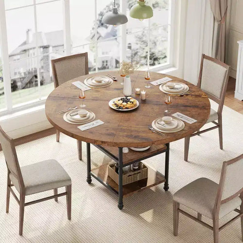 119.4 cm Round Dining Table for 6,Dinner Wooden Kitchen Table with Storage Shelves & Roman Metal Legs for Dining Room,Kitchen,Living Room (Table Only)