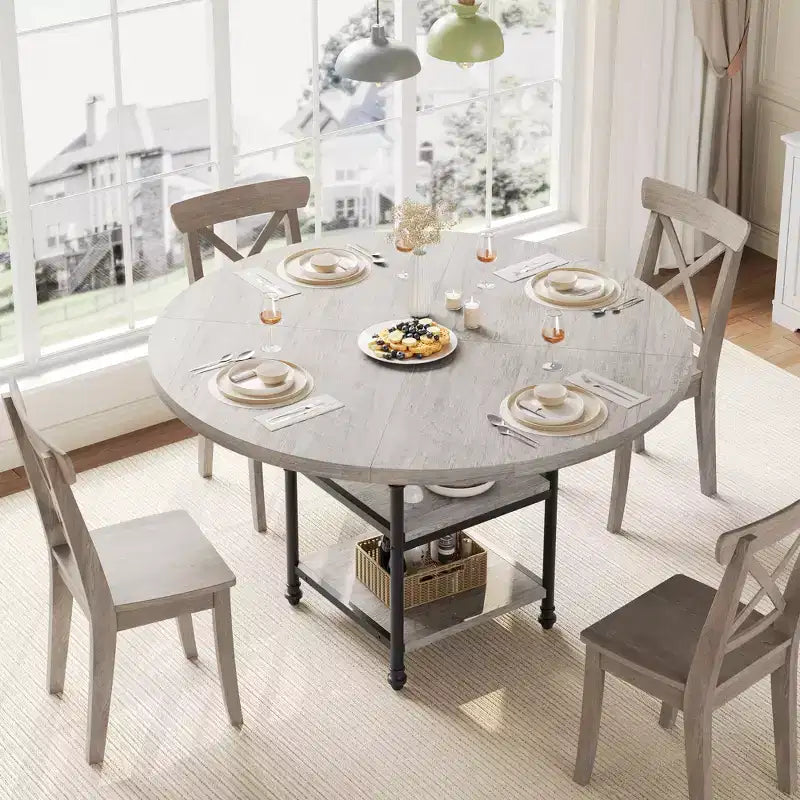 Tavolo da Pranzo Rotondo da 47 Pollici per 6 Persone, Tavolo da Cucina in Legno con Ripiani e Gambe in Metallo con Dettagli Romani per Sala da Pranzo, Cucina, Salotto (Solo Tavolo)