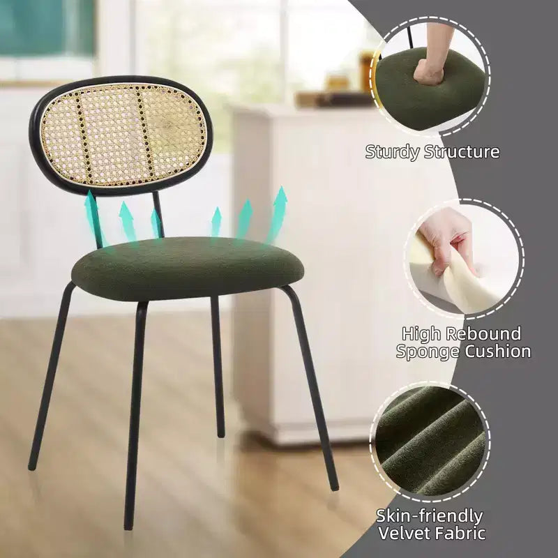 Set di 2 sedie da pranzo, sedie da sala da pranzo moderne imbottite in velluto con schienale in rattan e robuste gambe in metallo