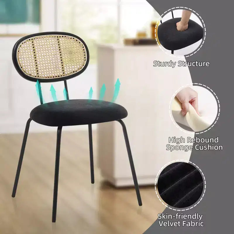Set di 2 sedie da pranzo, sedie da sala da pranzo moderne imbottite in velluto con schienale in rattan e robuste gambe in metallo