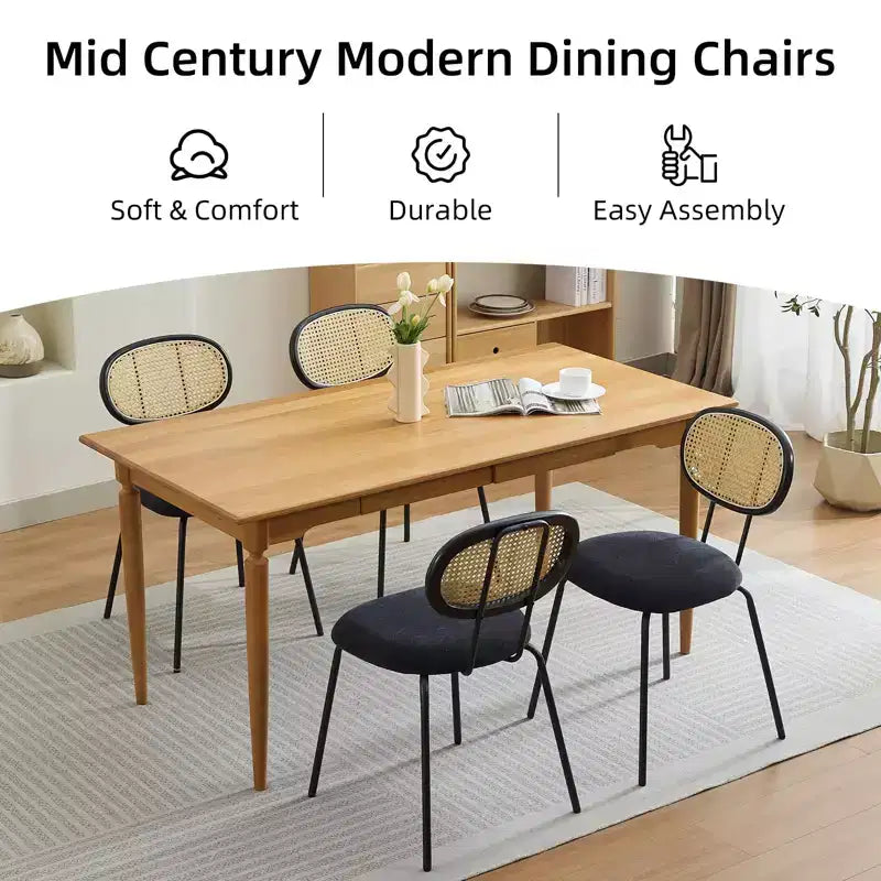 Set di 2 sedie da pranzo, sedie da sala da pranzo moderne imbottite in velluto con schienale in rattan e robuste gambe in metallo