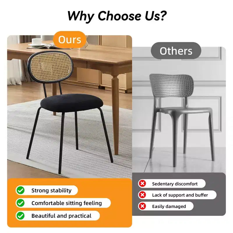 Set di 2 sedie da pranzo, sedie da sala da pranzo moderne imbottite in velluto con schienale in rattan e robuste gambe in metallo