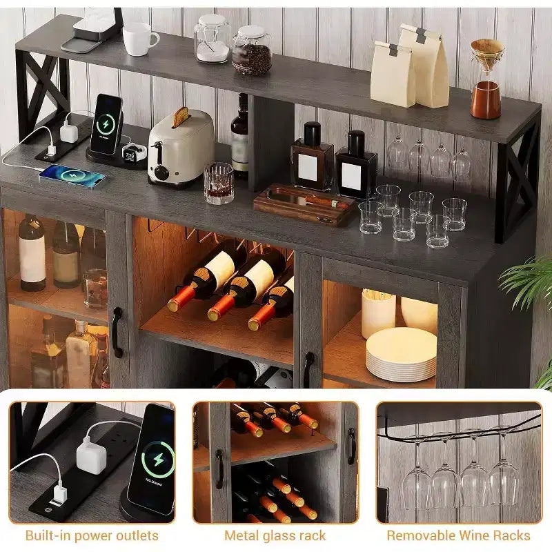 Mobile Bar, Credenza Bar con Prese di Corrente e Luci LED - Porta Bicchieri/Porta Bottiglie, Angolo Caffè