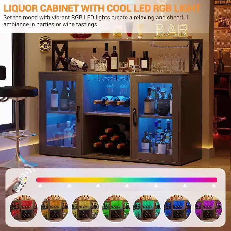 Mobile Bar, Credenza Bar con Prese di Corrente e Luci LED - Porta Bicchieri/Porta Bottiglie, Angolo Caffè