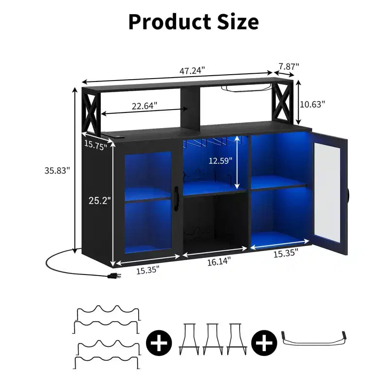 Mobile Bar, Credenza Bar con Prese di Corrente e Luci LED - Porta Bicchieri/Porta Bottiglie, Angolo Caffè