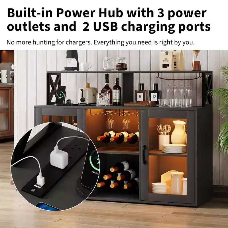 Mobile Bar, Credenza Bar con Prese di Corrente e Luci LED - Porta Bicchieri/Porta Bottiglie, Angolo Caffè