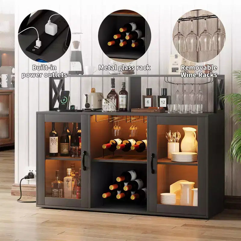 Mobile Bar, Credenza Bar con Prese di Corrente e Luci LED - Porta Bicchieri/Porta Bottiglie, Angolo Caffè