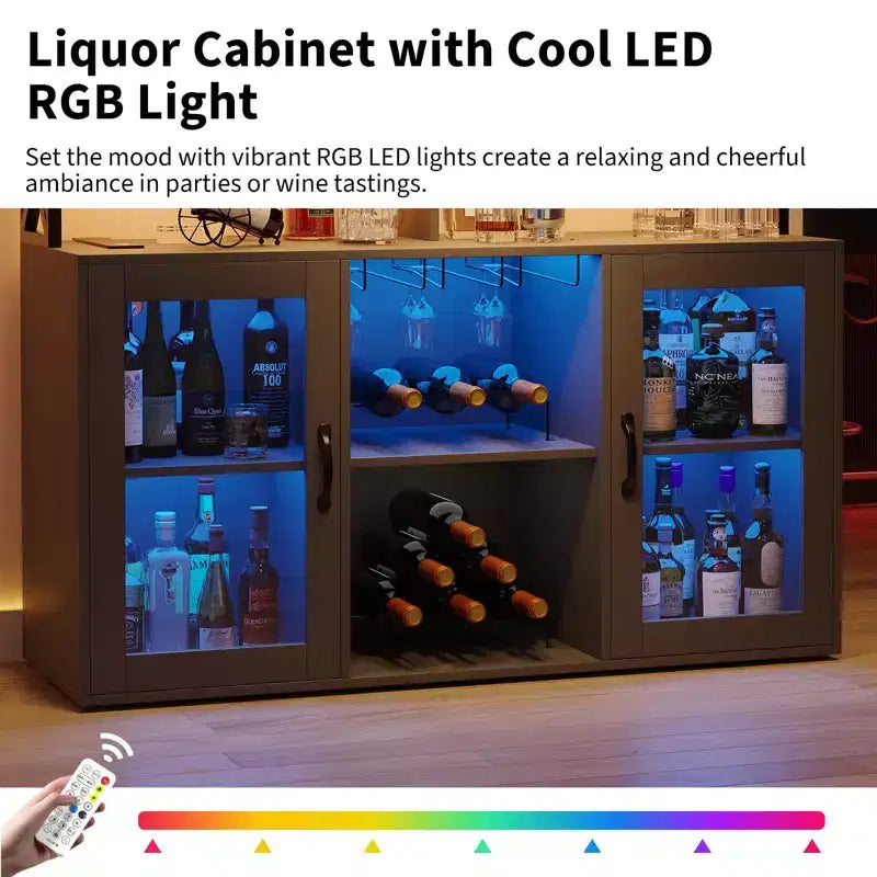 Mobile Bar, Credenza Bar con Prese di Corrente e Luci LED - Porta Bicchieri/Porta Bottiglie, Angolo Caffè