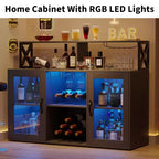 Mobile Bar, Credenza Bar con Prese di Corrente e Luci LED - Porta Bicchieri/Porta Bottiglie, Angolo Caffè