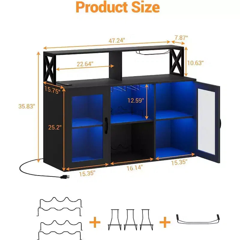 Mobile Bar, Credenza Bar con Prese di Corrente e Luci LED - Porta Bicchieri/Porta Bottiglie, Angolo Caffè