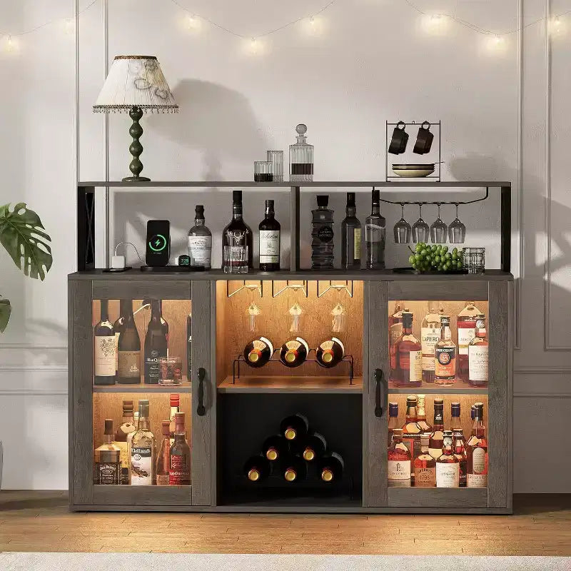 Mobile Bar, Credenza Bar con Prese di Corrente e Luci LED - Porta Bicchieri/Porta Bottiglie, Angolo Caffè