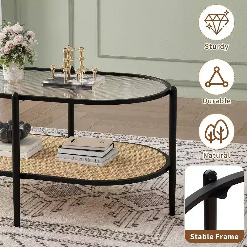 Tavolino da Caffè Ovale in Vetro, Vetro Temperato con Effetto Onde, Ripiano Portaoggetti in Rattan, Struttura in Metallo in Stile Boho Rustico