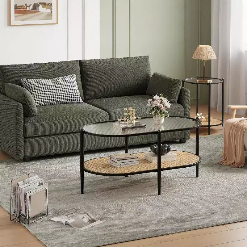 Tavolino da Caffè Ovale in Vetro, Vetro Temperato con Effetto Onde, Ripiano Portaoggetti in Rattan, Struttura in Metallo in Stile Boho Rustico
