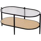 Acekool Oval Glass Coffee Table, Water-Wave Tempered Glass, Rattan Storage Shelf, Boho Farmhouse Metal Frame