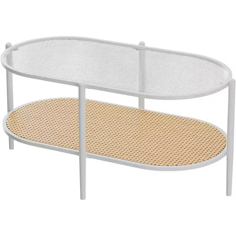 Tavolino da Caffè Ovale in Vetro, Vetro Temperato con Effetto Onde, Ripiano Portaoggetti in Rattan, Struttura in Metallo in Stile Boho Rustico