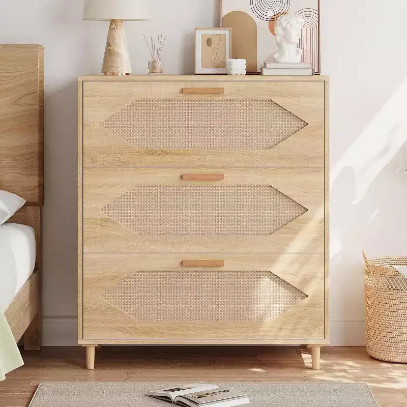 Comò in Rattan a 3 Cassetti - Mobile Contenitore Moderno in Legno per Camera da Letto e Soggiorno