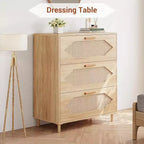 Comò in Rattan a 3 Cassetti - Mobile Contenitore Moderno in Legno per Camera da Letto e Soggiorno