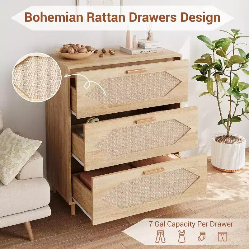 Comò in Rattan a 3 Cassetti - Mobile Contenitore Moderno in Legno per Camera da Letto e Soggiorno