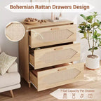 Comò in Rattan a 3 Cassetti - Mobile Contenitore Moderno in Legno per Camera da Letto e Soggiorno