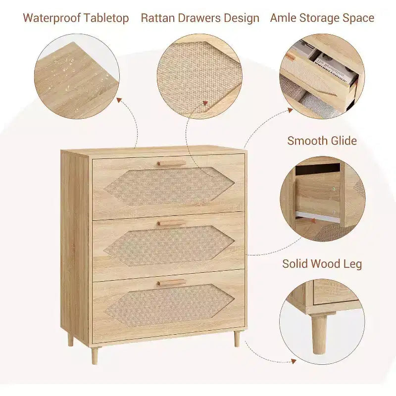Comò in Rattan a 3 Cassetti - Mobile Contenitore Moderno in Legno per Camera da Letto e Soggiorno