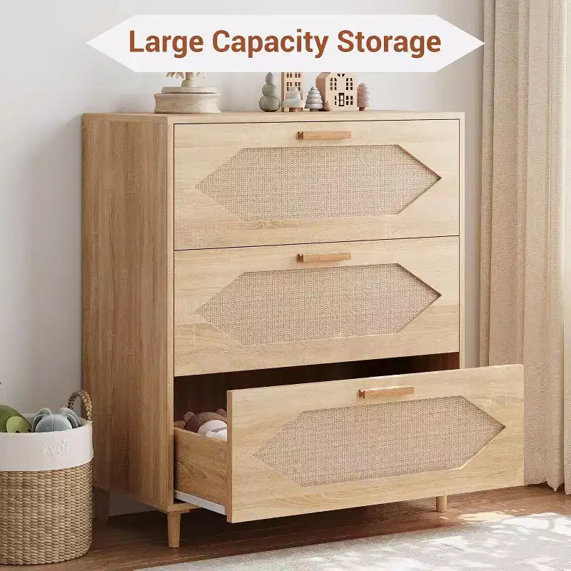 Comò in Rattan a 3 Cassetti - Mobile Contenitore Moderno in Legno per Camera da Letto e Soggiorno
