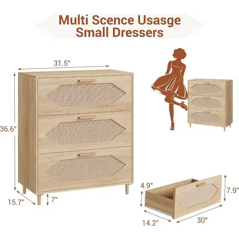 Comò in Rattan a 3 Cassetti - Mobile Contenitore Moderno in Legno per Camera da Letto e Soggiorno