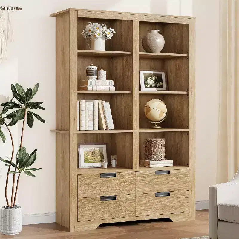 Libreria alta 183 cm con scomparti, Scaffale stile rustico, Libreria con 4 cassetti, Scaffali autoportanti per ufficio o casa
