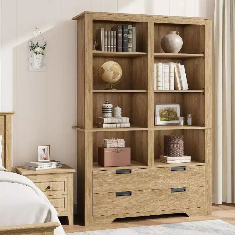 Libreria alta 183 cm con scomparti, Scaffale stile rustico, Libreria con 4 cassetti, Scaffali autoportanti per ufficio o casa