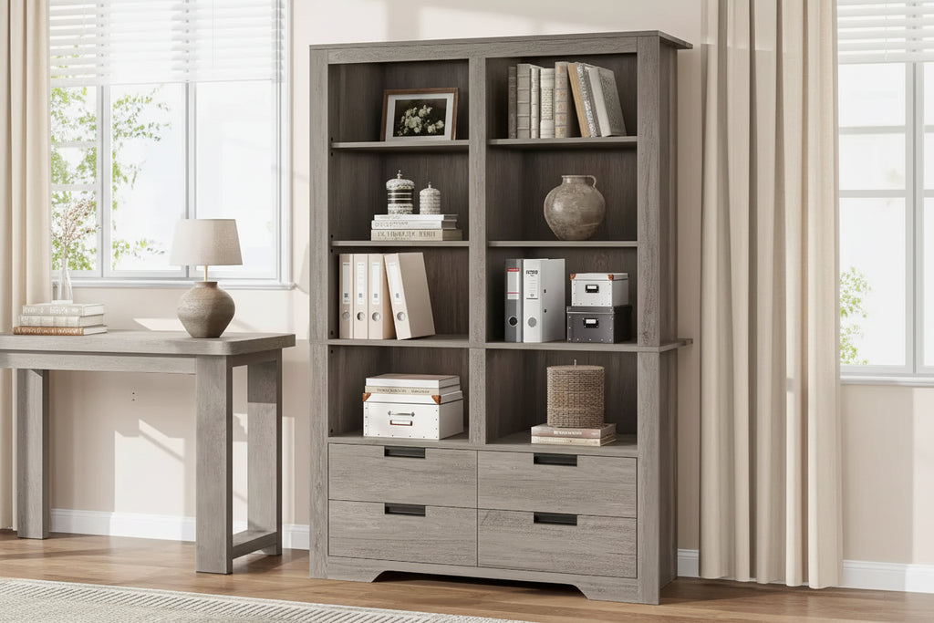 Libreria alta 183 cm con scomparti, Scaffale stile rustico, Libreria con 4 cassetti, Scaffali autoportanti per ufficio o casa