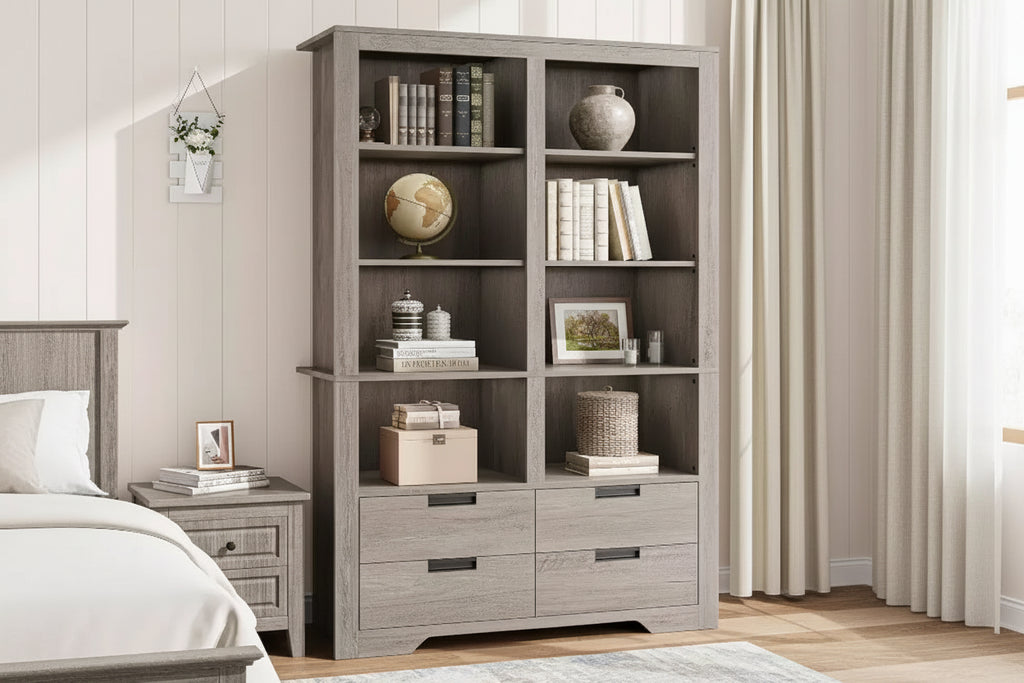Libreria alta 183 cm con scomparti, Scaffale stile rustico, Libreria con 4 cassetti, Scaffali autoportanti per ufficio o casa
