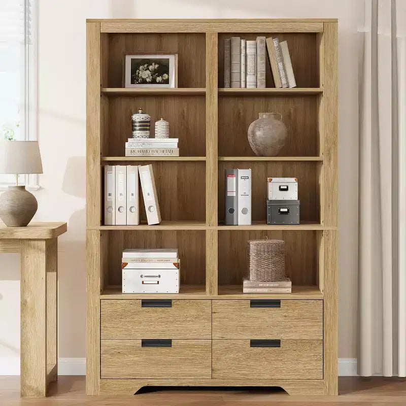 Libreria alta 183 cm con scomparti, Scaffale stile rustico, Libreria con 4 cassetti, Scaffali autoportanti per ufficio o casa
