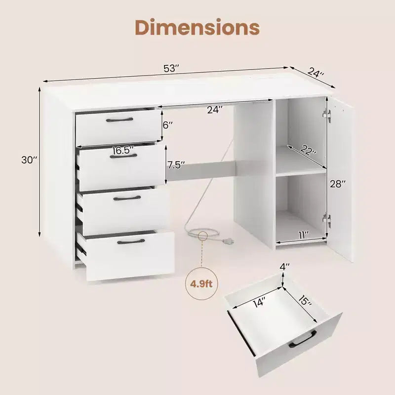 Scrivania per computer da 53" con prese elettriche, grande scrivania direzionale con 4 cassetti, grigio/bianco