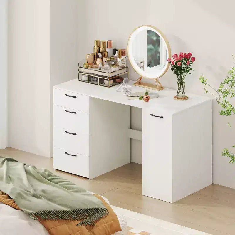 Scrivania per computer da 53" con prese elettriche, grande scrivania direzionale con 4 cassetti, grigio/bianco