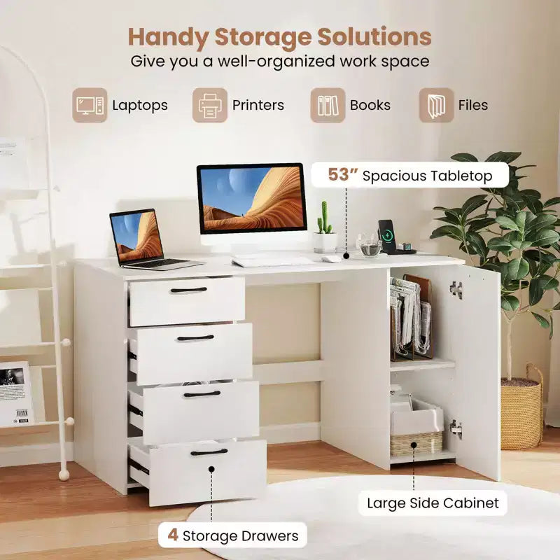 Scrivania per computer da 53" con prese elettriche, grande scrivania direzionale con 4 cassetti, grigio/bianco