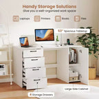 Scrivania per computer da 53" con prese elettriche, grande scrivania direzionale con 4 cassetti, grigio/bianco