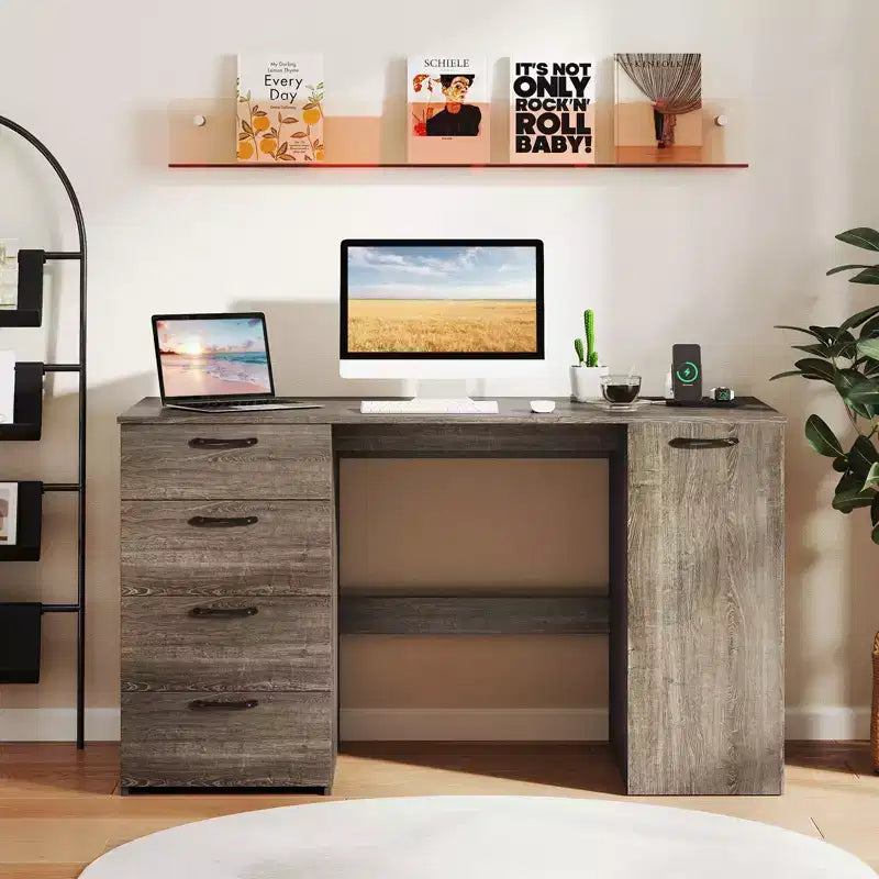 Scrivania per computer da 53" con prese elettriche, grande scrivania direzionale con 4 cassetti, grigio/bianco